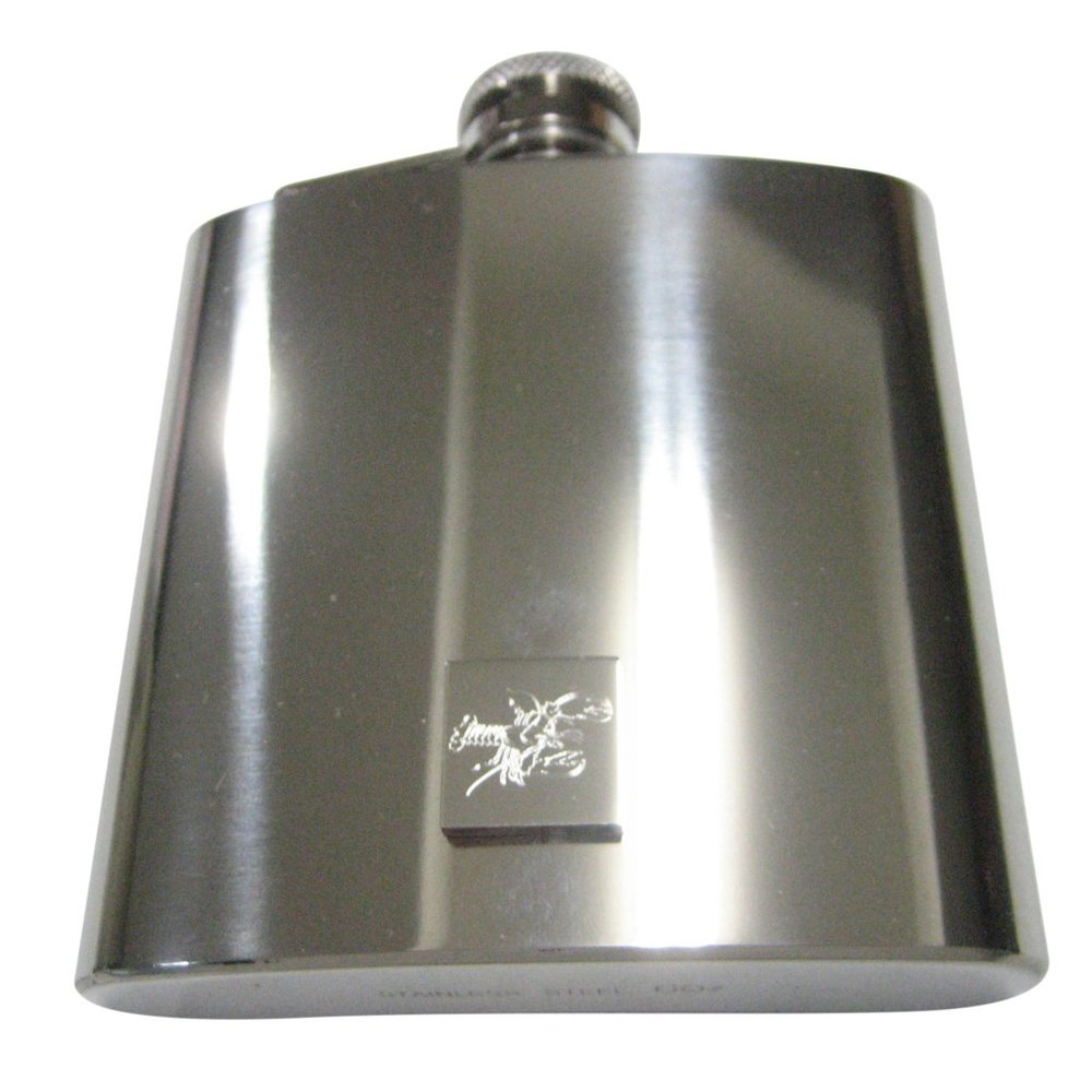 Silver Toned Square Etched Lobster 6oz Flask